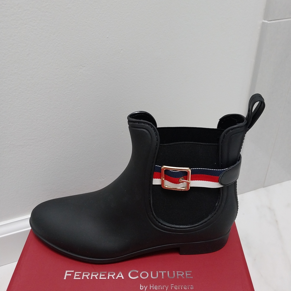 Ferrera Couture Black Rain Chelsea Boot with Red-White-Blue Strap - Size 9